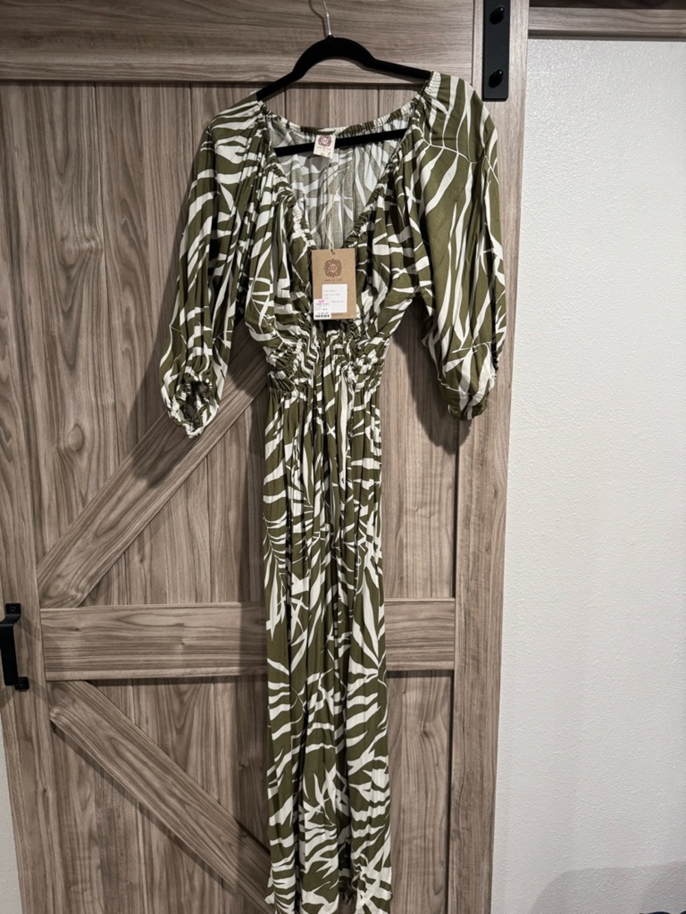 ELF Olive Green and White Printed Dress with Elastic Waist